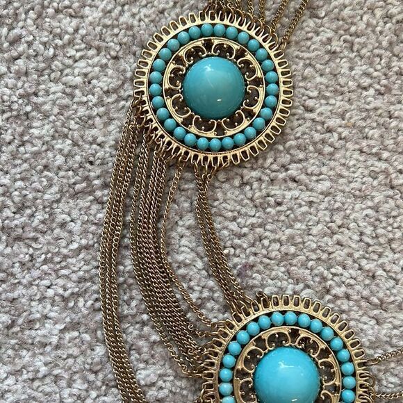 Charming Charlie gold and turquoise statement necklace - Picture 2 of 3